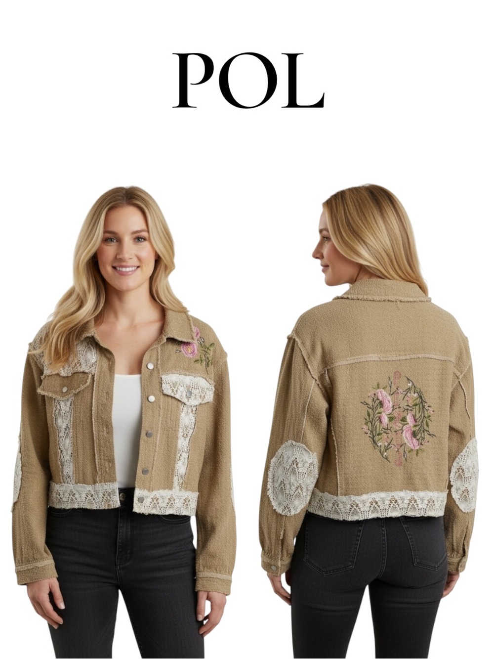 NWOT POL Embroidered Tan Lace-Trim Jacket 100% Cotton Size Large